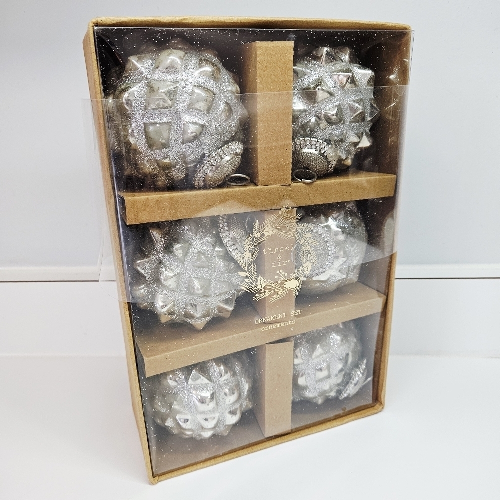 NEW Tinsel & Fir Silver Glitter Rhinestone Mercury Glass Ornaments Set of 6